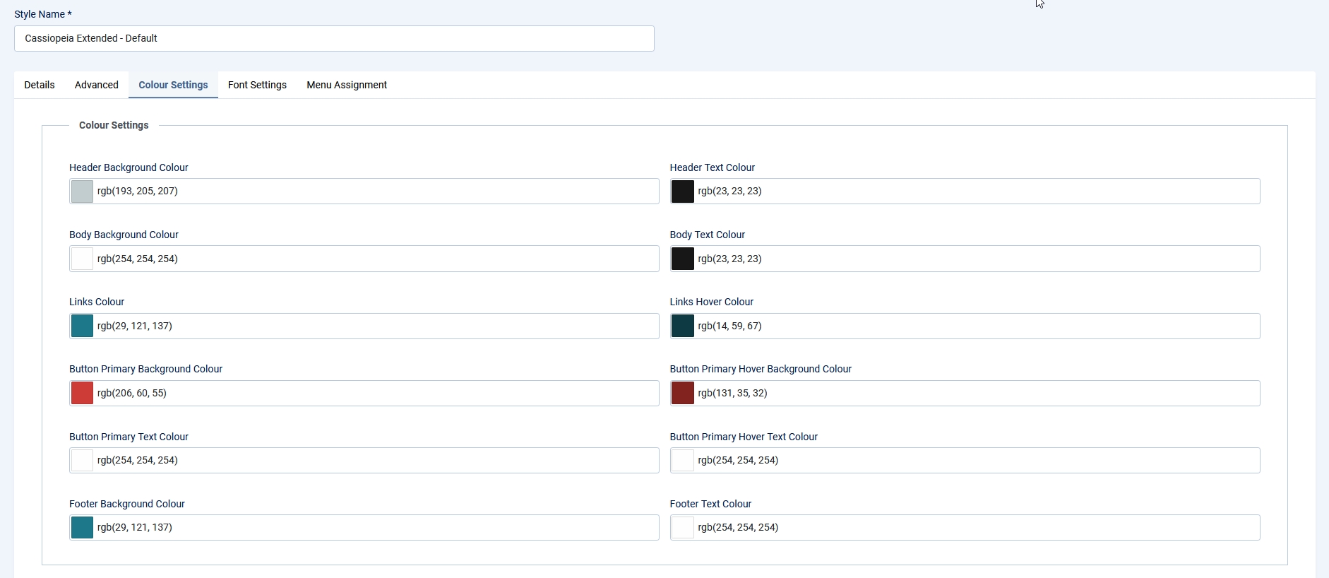 Farbsettings in Backend